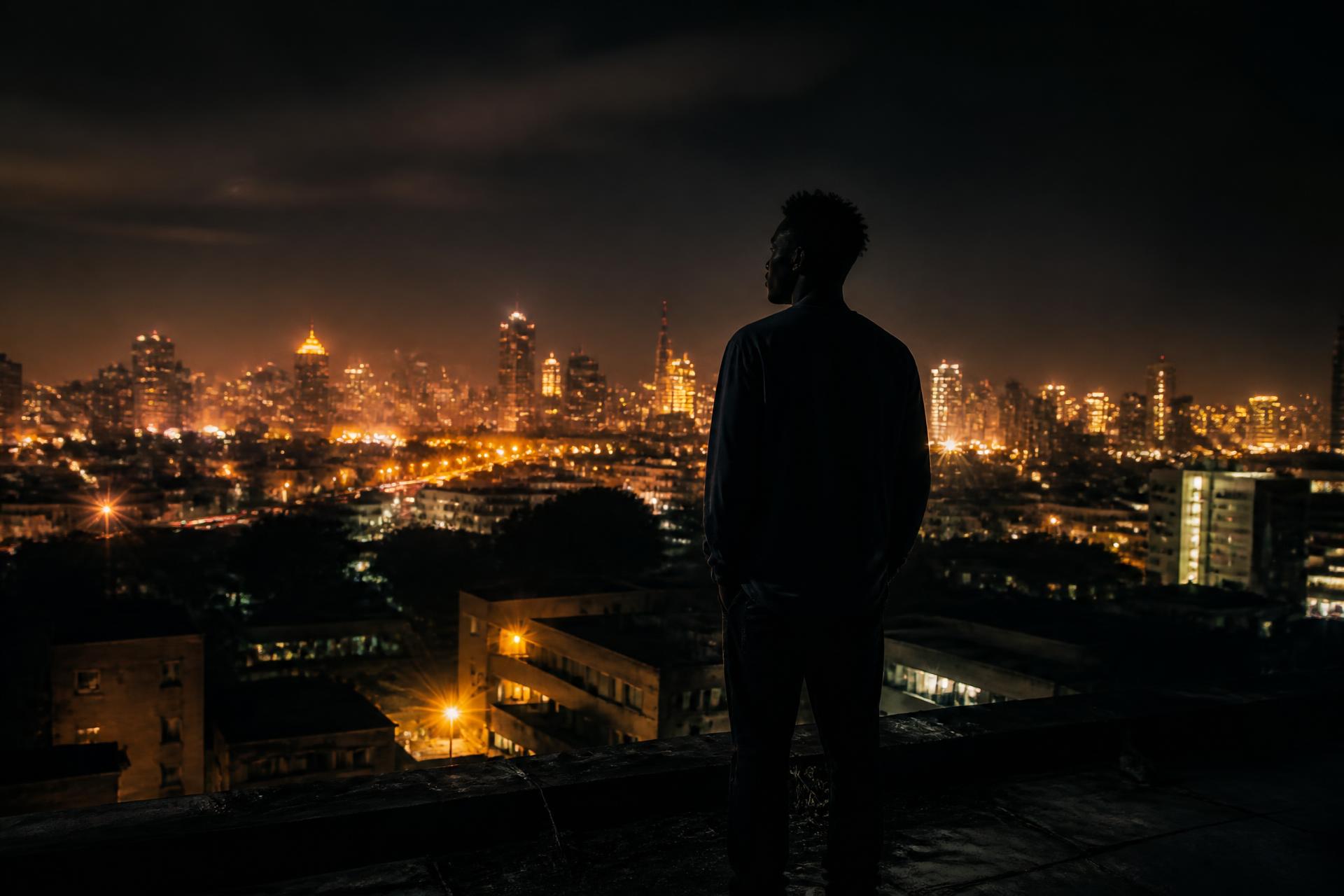 A young African man looking out over a city skyline at night
